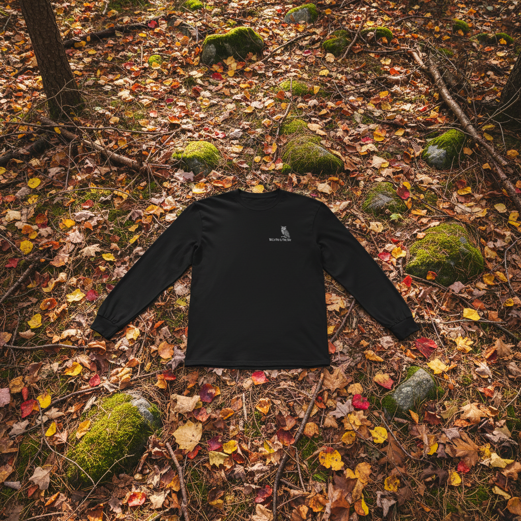 Black cotton long sleeve wildlife t-shirt featuring small owl chest graphic