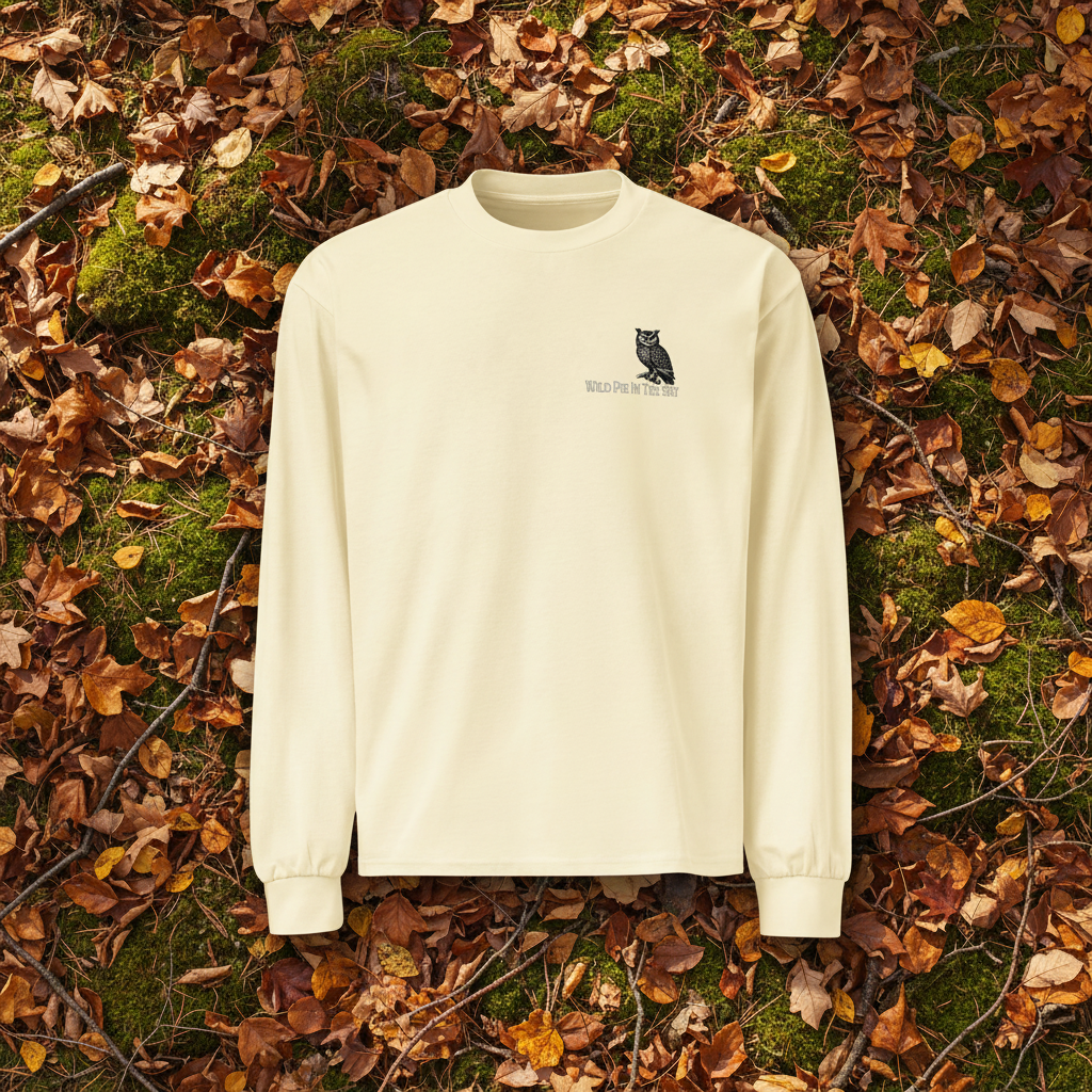 Butter yellow cotton long sleeve wildlife t-shirt featuring small owl chest graphic