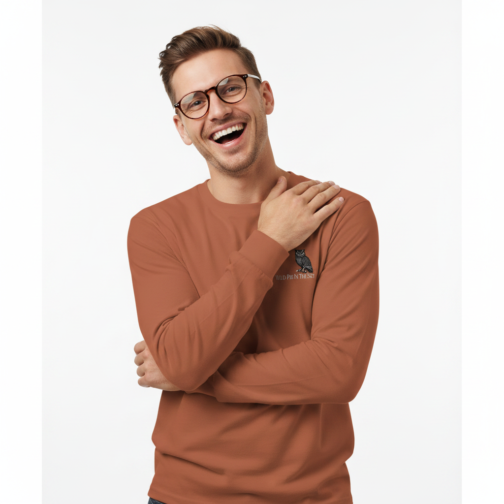 Clay brown cotton long sleeve wildlife t-shirt featuring small owl chest graphic