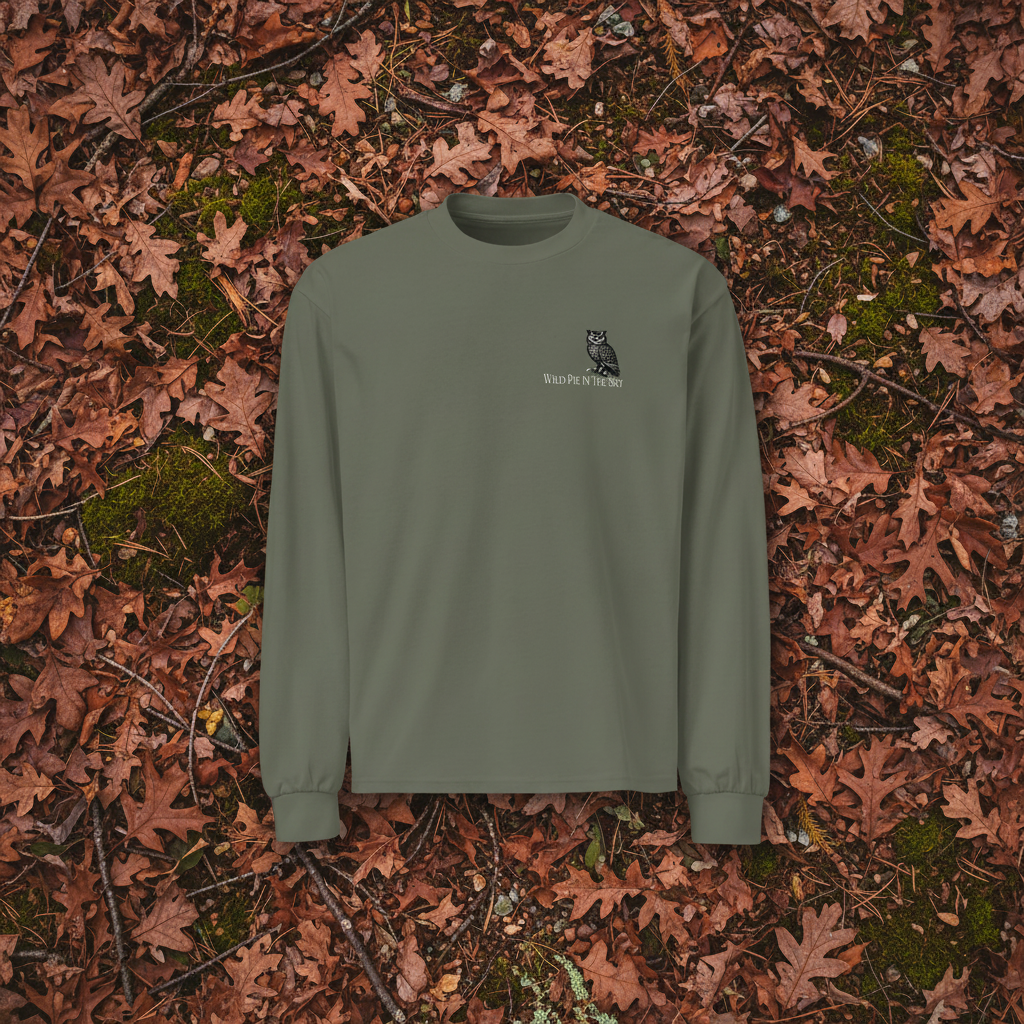 Cypress green cotton long sleeve wildlife t-shirt featuring small owl chest graphic