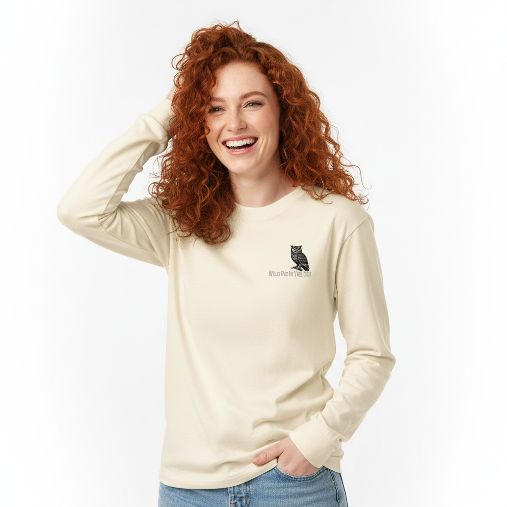 Ecru cotton long sleeve wildlife t-shirt featuring small owl chest graphic