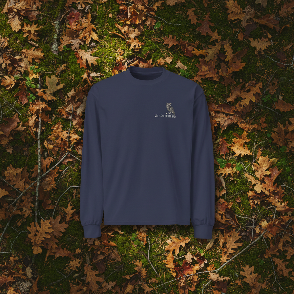 Navy cotton long sleeve wildlife t-shirt featuring small owl chest graphic