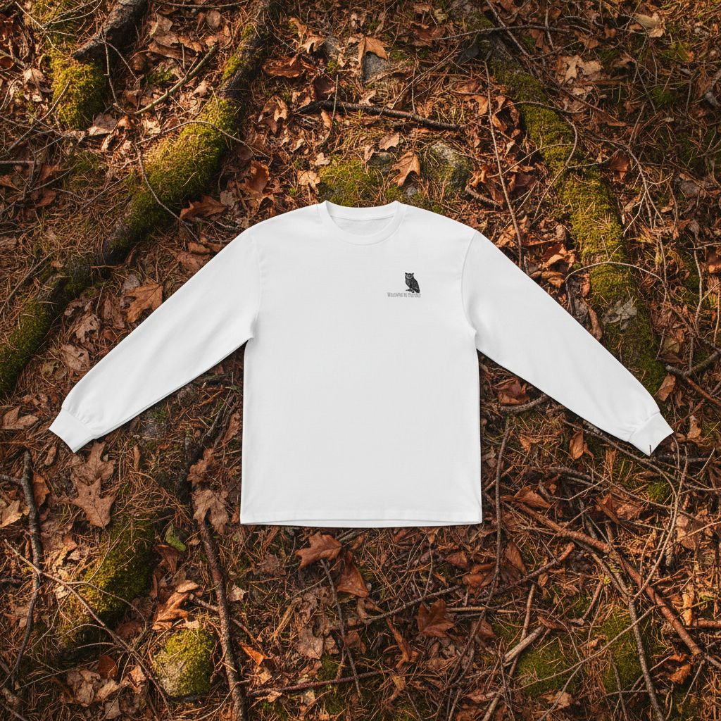 White cotton long sleeve wildlife t-shirt featuring small owl chest graphic