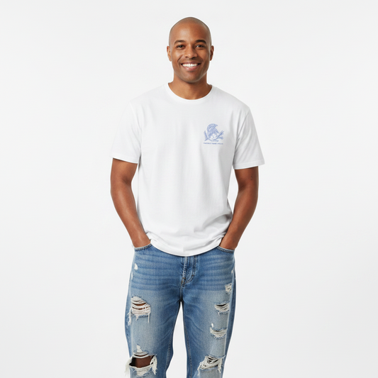 Man wearing Unisex organic cotton nature inspired t-shirt with protect your peace design – sustainable clothing 