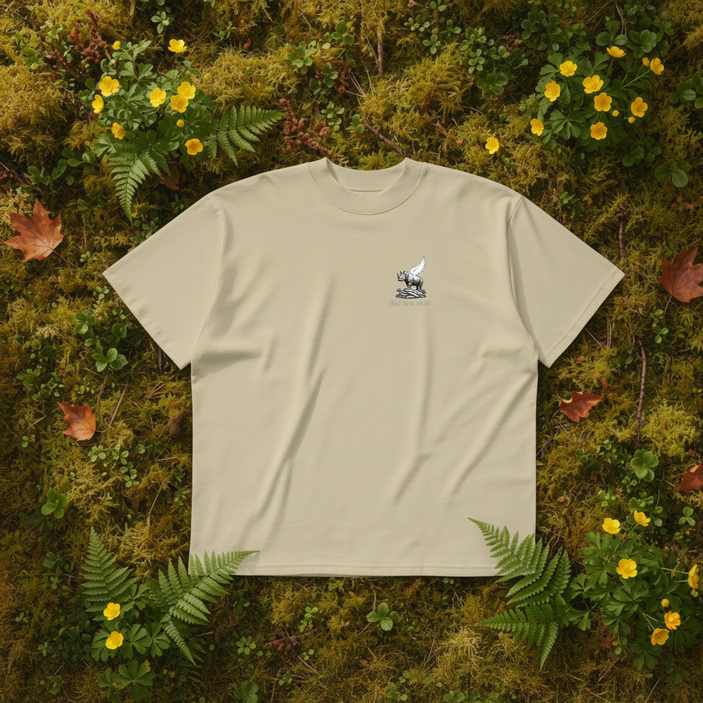 Oversized beige organic cotton unisex wildlife t-shirt featuring small  winged rhino chest graphic