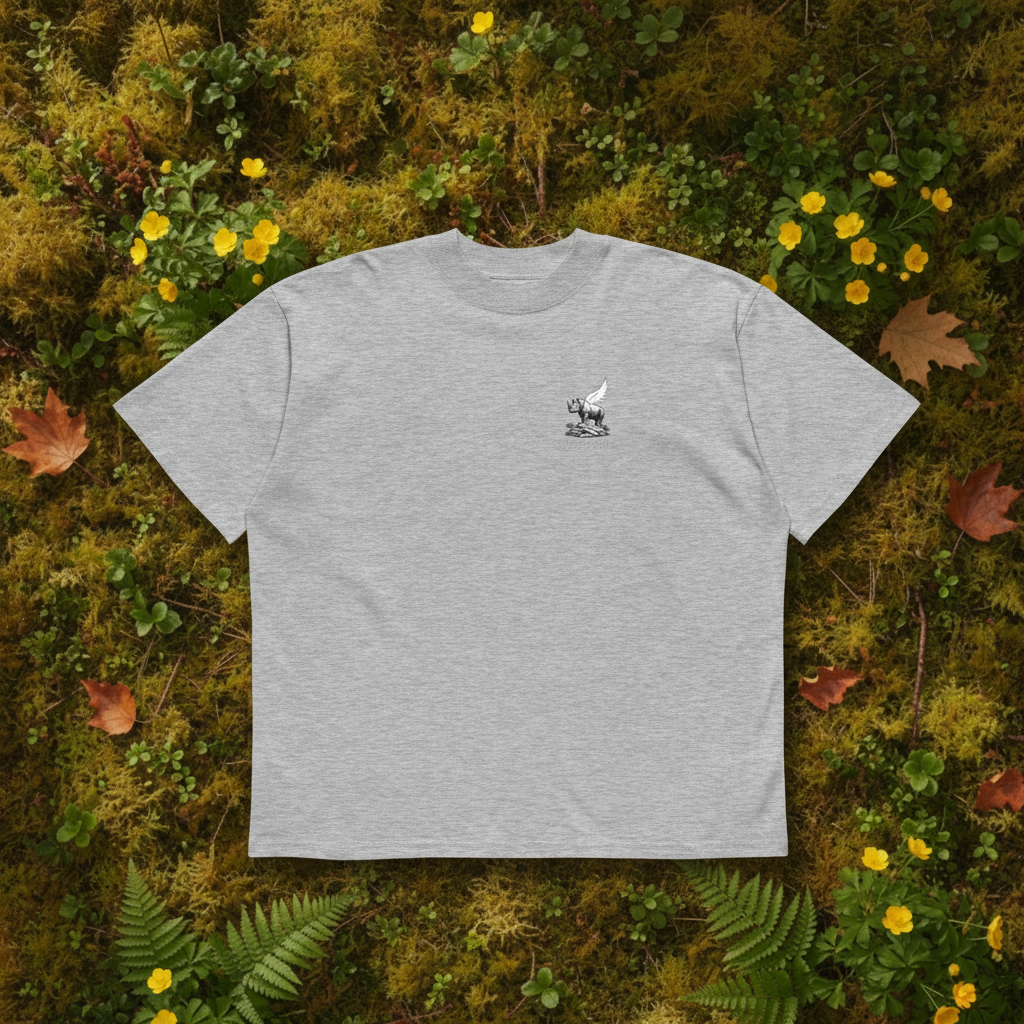 Oversized grey organic cotton unisex wildlife t-shirt featuring small  winged rhino chest graphic