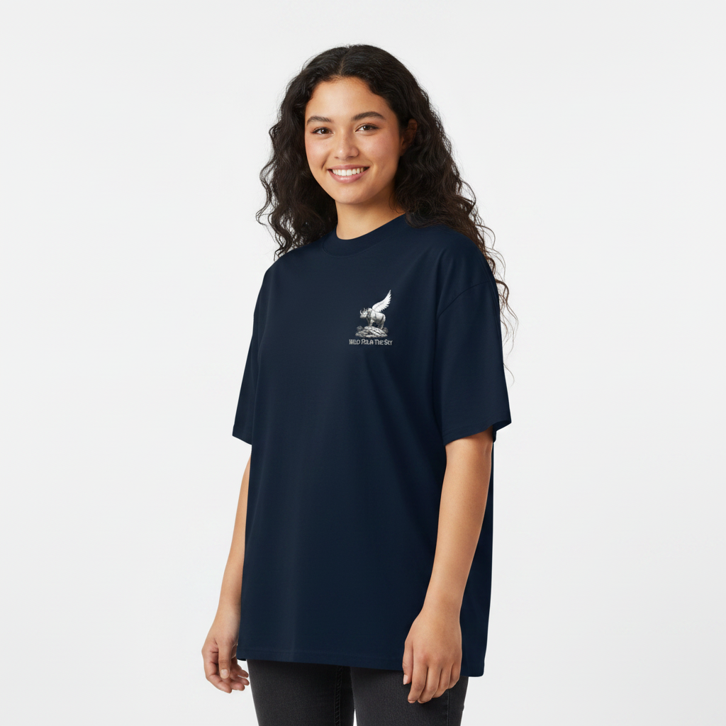 Oversized navy organic cotton unisex wildlife t-shirt featuring small  winged rhino chest graphic