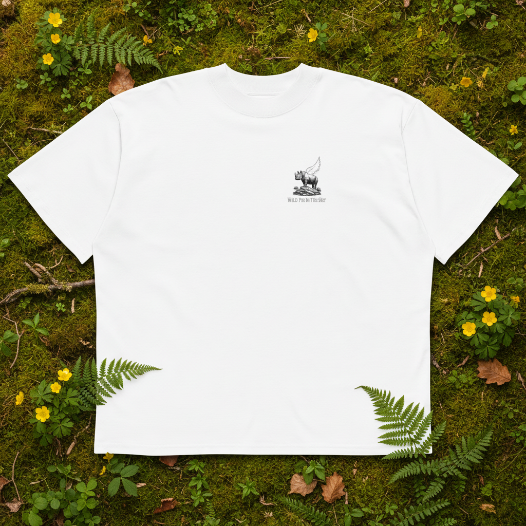 Oversized white organic cotton unisex wildlife t-shirt featuring small  winged rhino chest graphic