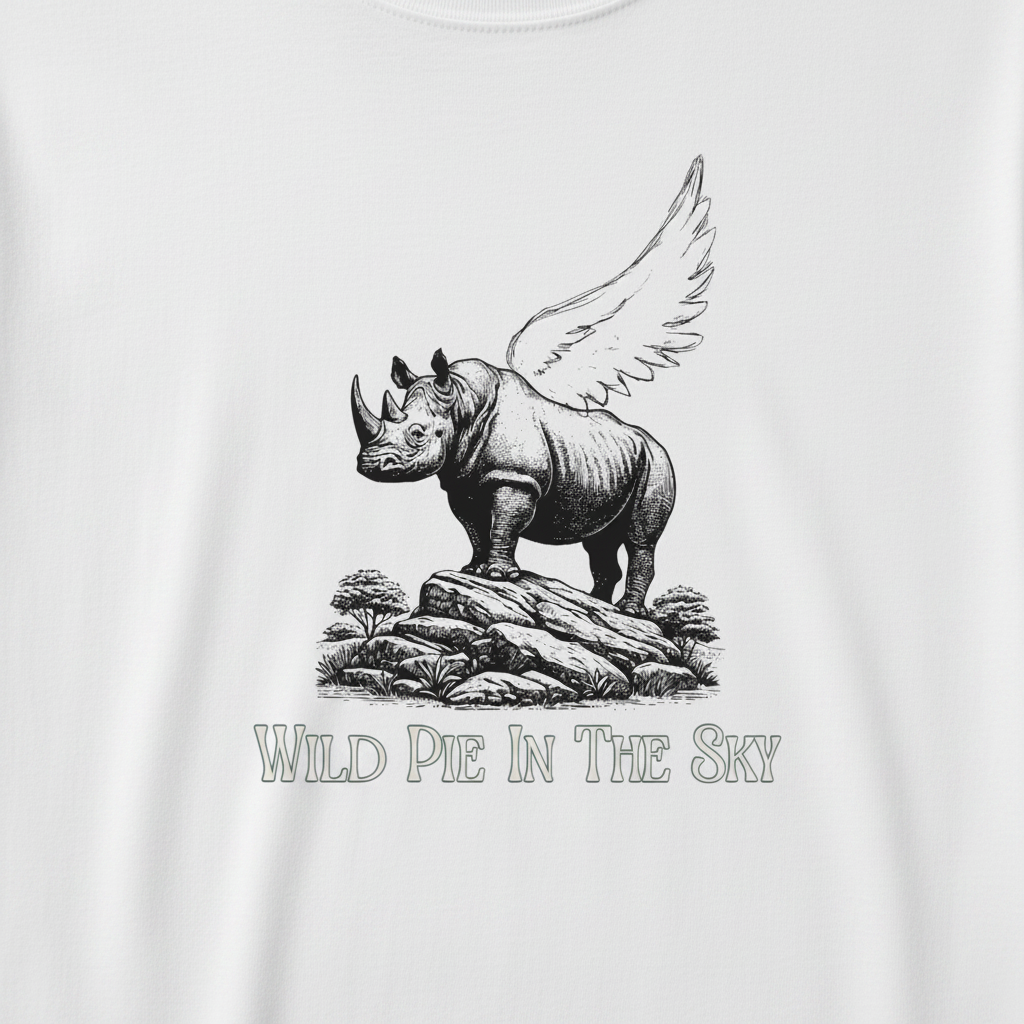 Oversized white organic cotton unisex wildlife t-shirt featuring small  winged rhino chest graphic close up