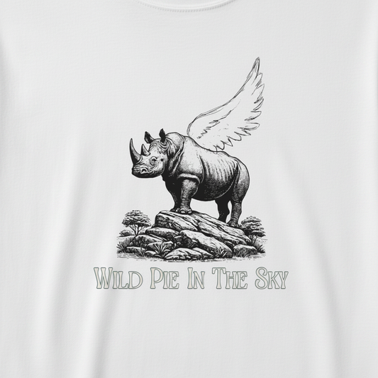 Oversized white organic cotton unisex wildlife t-shirt featuring small  winged rhino chest graphic close up