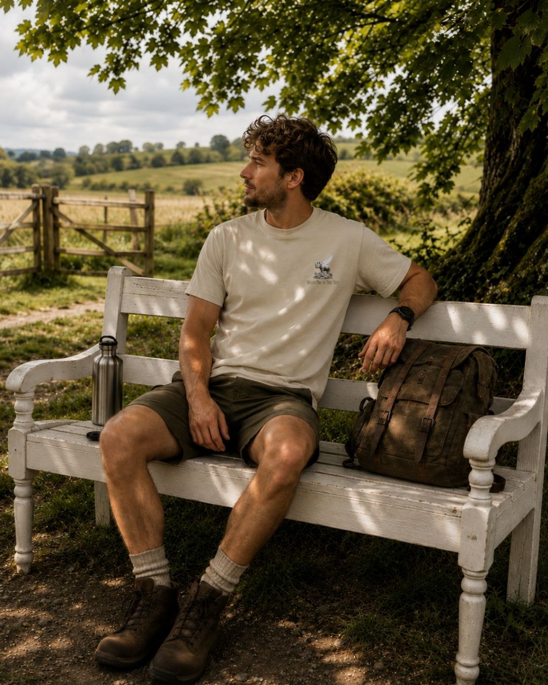 Oversized stone organic cotton unisex wildlife t-shirt featuring small  winged rhino chest graphic