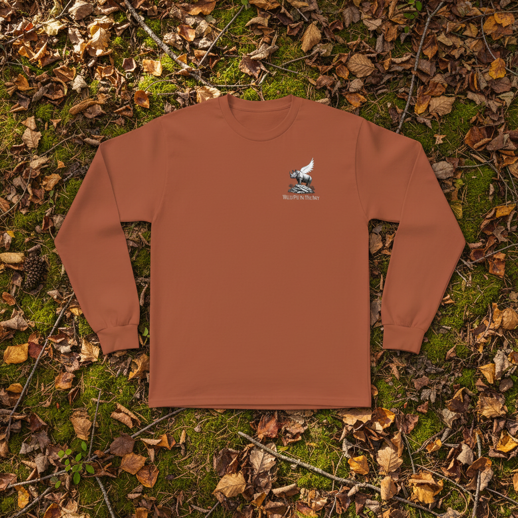 Clay brown cotton long sleeve wildlife t-shirt featuring small rhino chest graphic