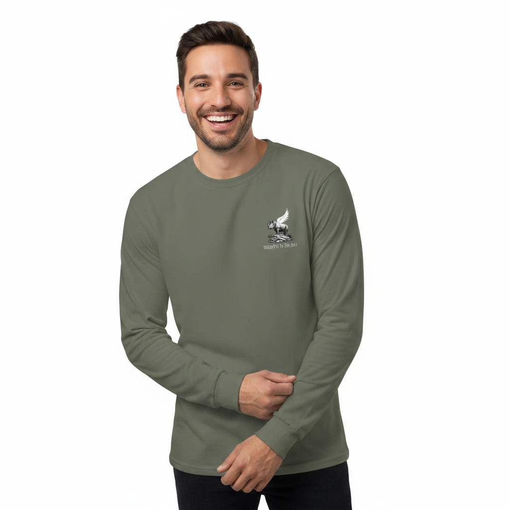 Cypress green cotton long sleeve wildlife t-shirt featuring small rhino chest graphic