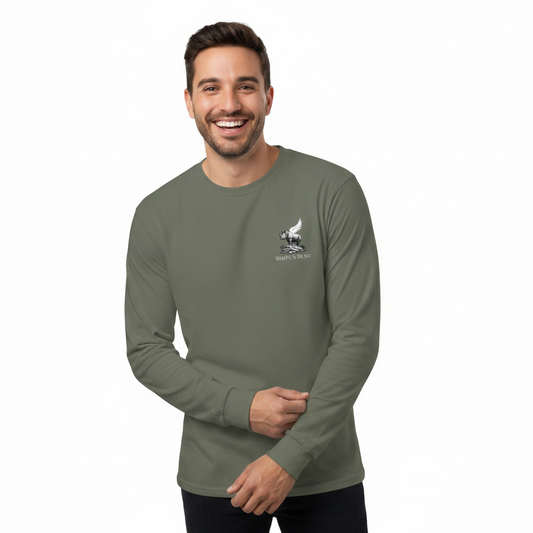 Cypress green cotton long sleeve wildlife t-shirt featuring small rhino chest graphic