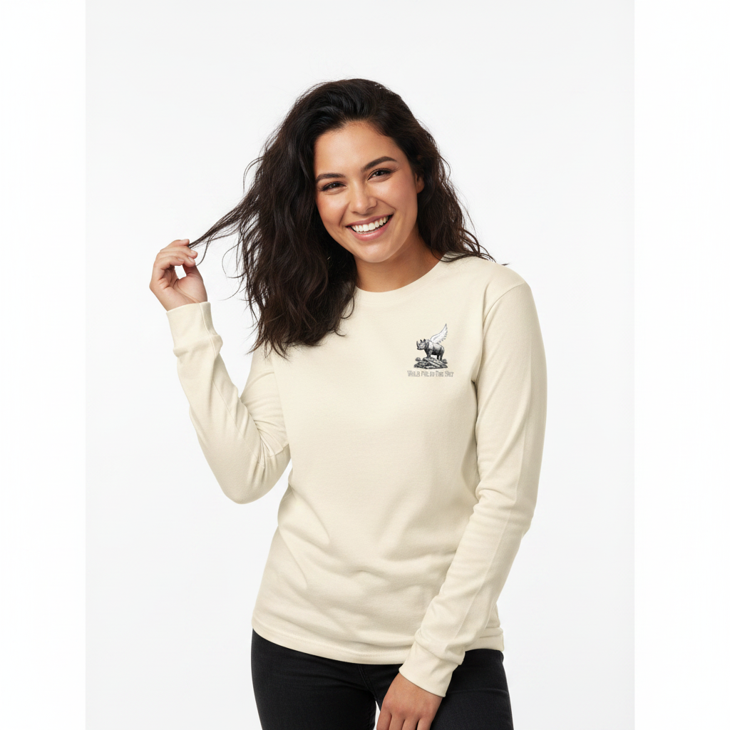 Ecru cotton long sleeve wildlife t-shirt featuring small rhino chest graphic