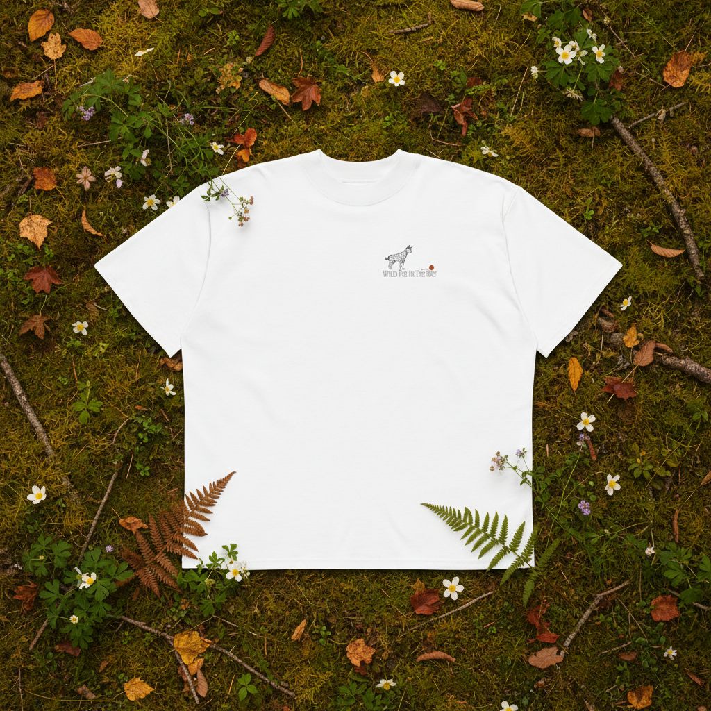 Oversized white organic cotton unisex wildlife t-shirt featuring small  serval cat chest graphic