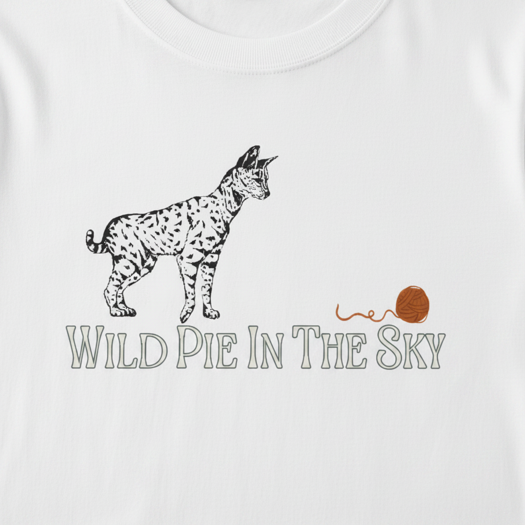 White cotton long sleeve wildlife t-shirt featuring small serval cat chest graphic
