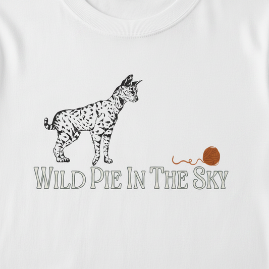 White cotton long sleeve wildlife t-shirt featuring small serval cat chest graphic