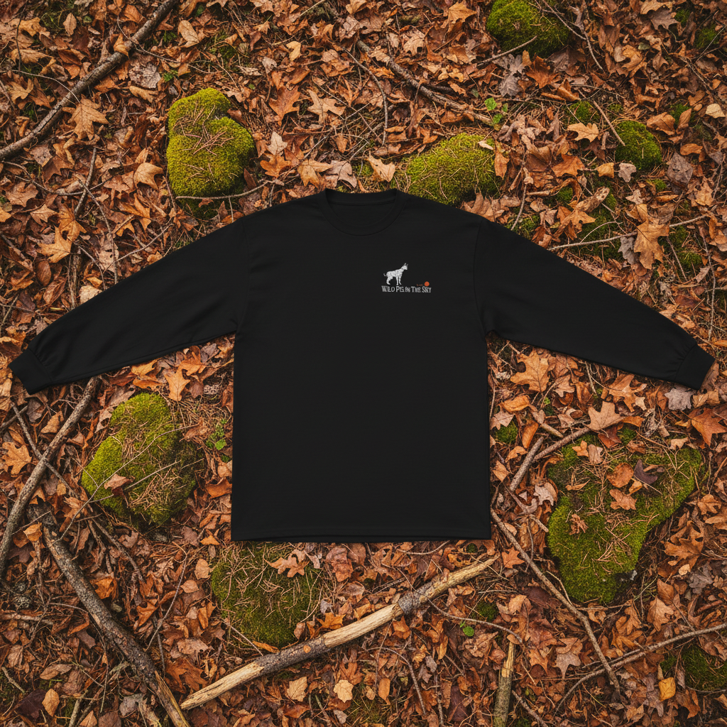 Black cotton long sleeve wildlife t-shirt featuring small serval cat chest graphic