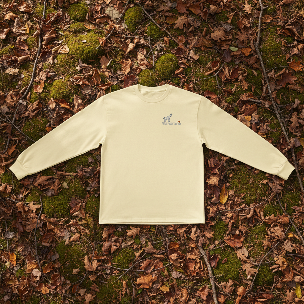 Butter yellow cotton long sleeve wildlife t-shirt featuring small serval cat chest graphic