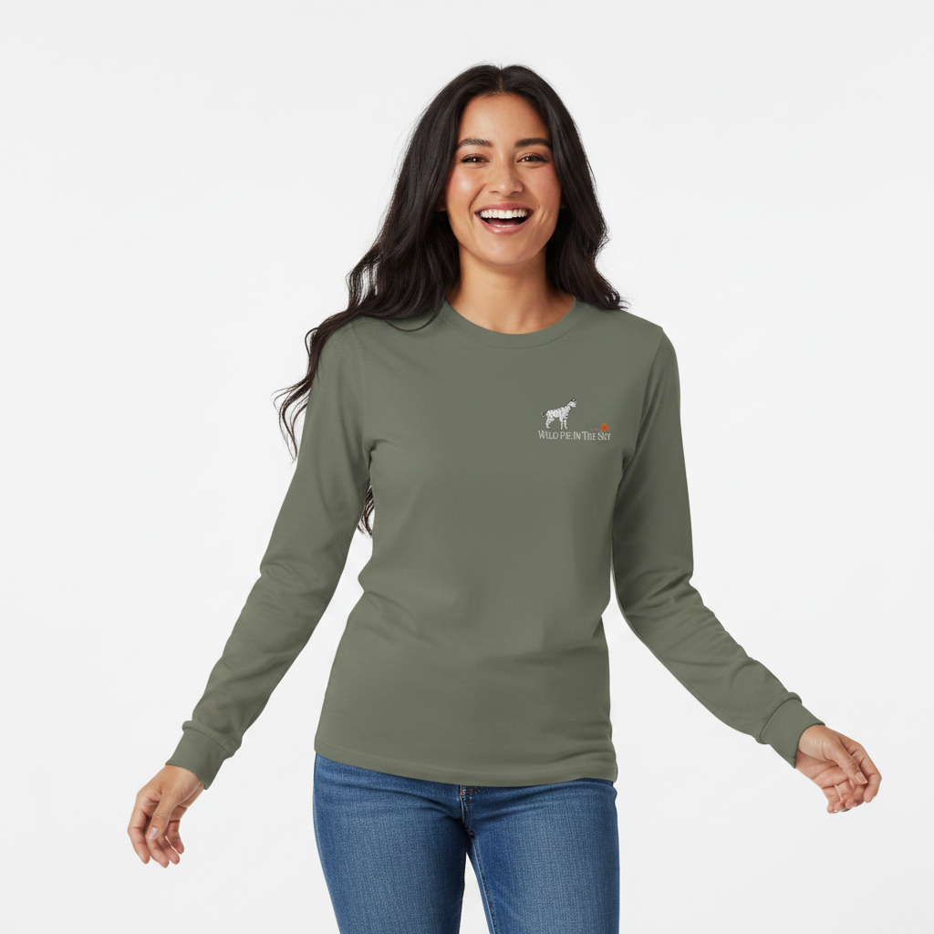 Cypress green cotton long sleeve wildlife t-shirt featuring small serval cat chest graphic
