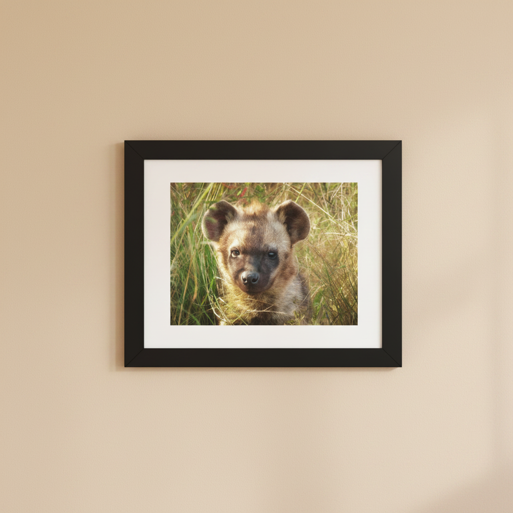Hyena cub framed wildlife photography poster