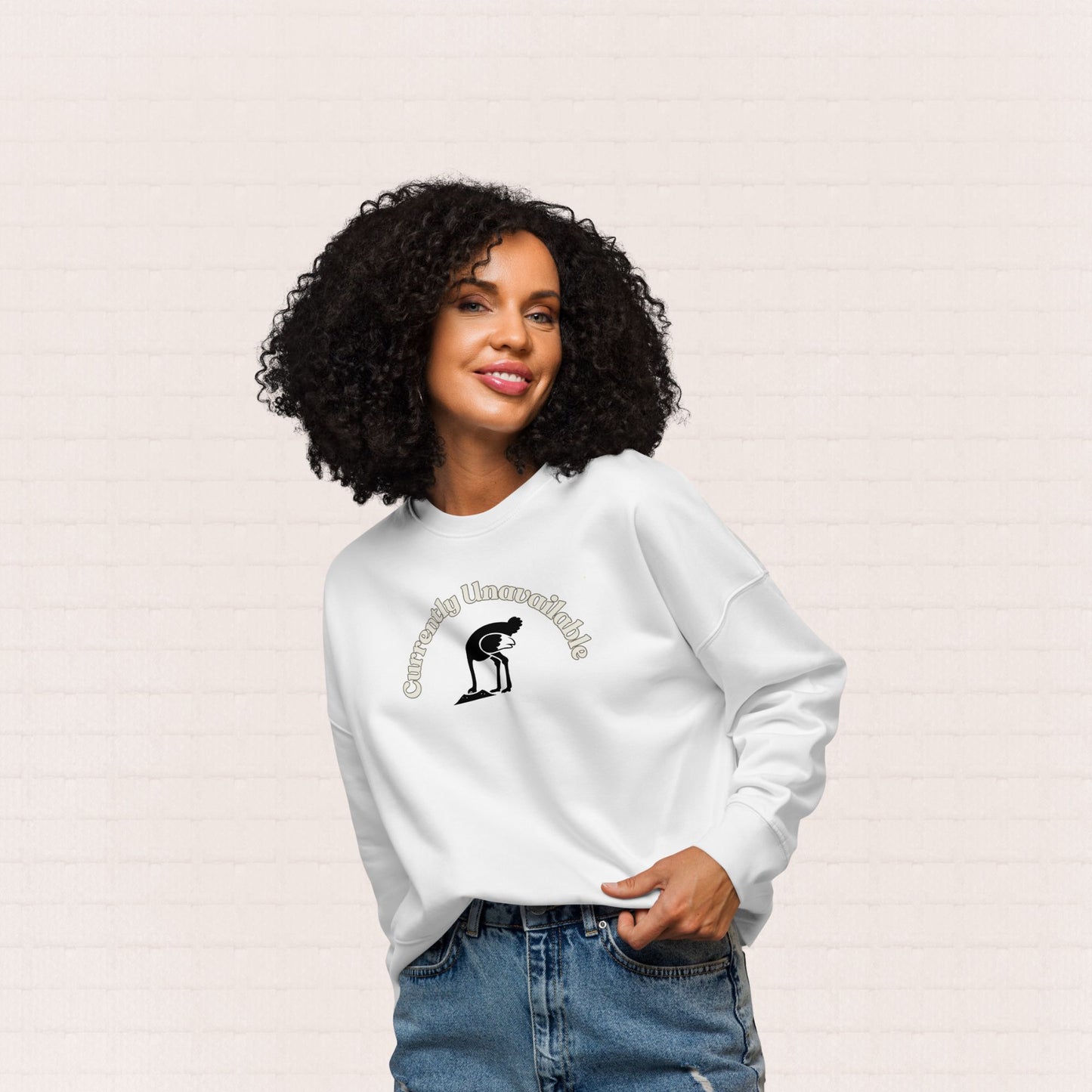 Womens white organic cotton wildlife sweatshirt with ostrich design – sustainable clothing UK