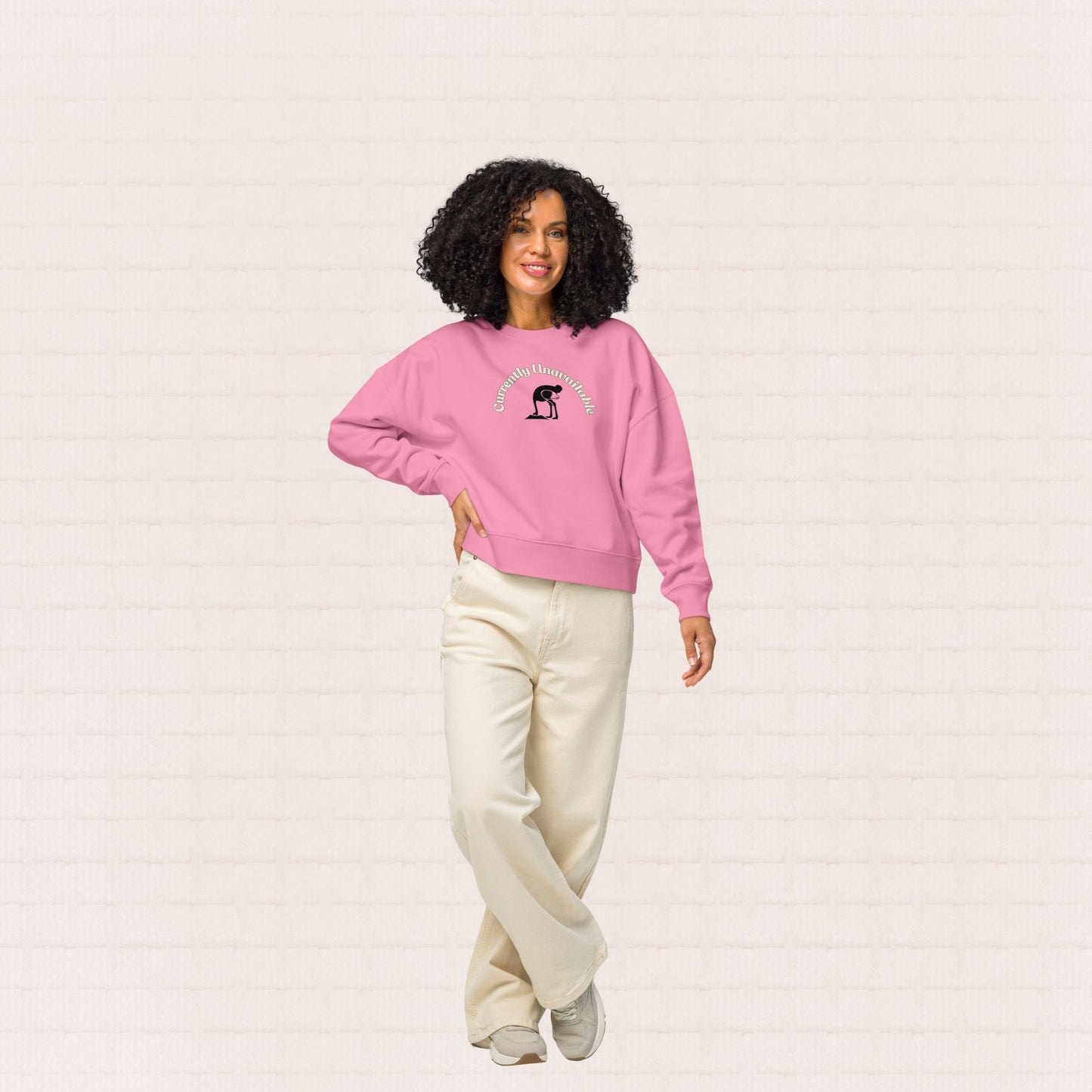 Womens pink organic cotton wildlife sweatshirt with ostrich design – sustainable clothing UK