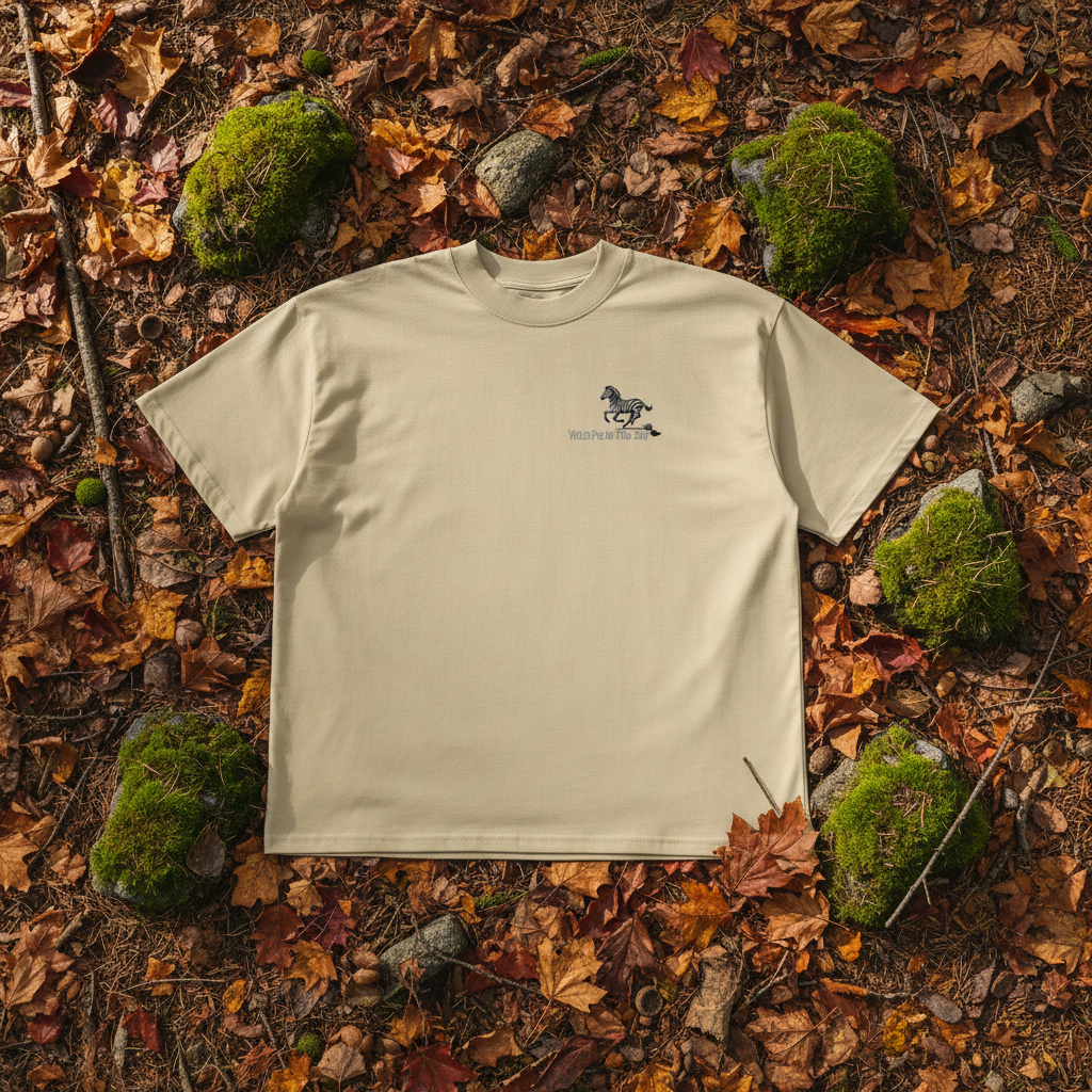 Oversized beige organic cotton unisex wildlife t-shirt featuring small  zebra chest graphic