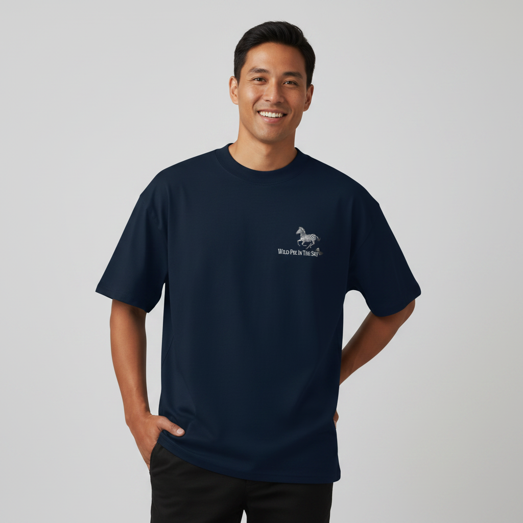 Oversized navy organic cotton unisex wildlife t-shirt featuring small  zebra chest graphic