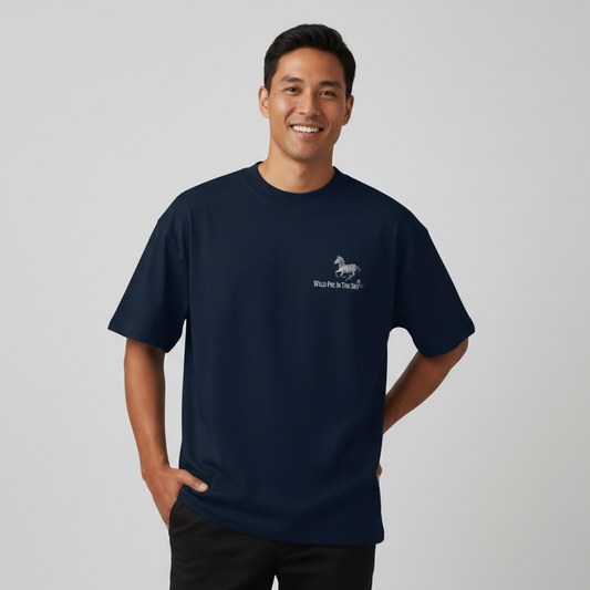 Oversized navy organic cotton unisex wildlife t-shirt featuring small  zebra chest graphic