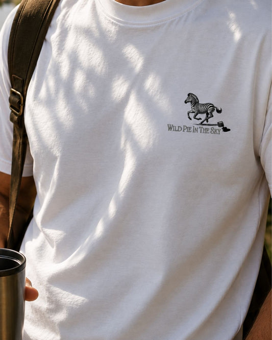 Oversized white organic cotton unisex wildlife t-shirt featuring small  zebra chest graphic