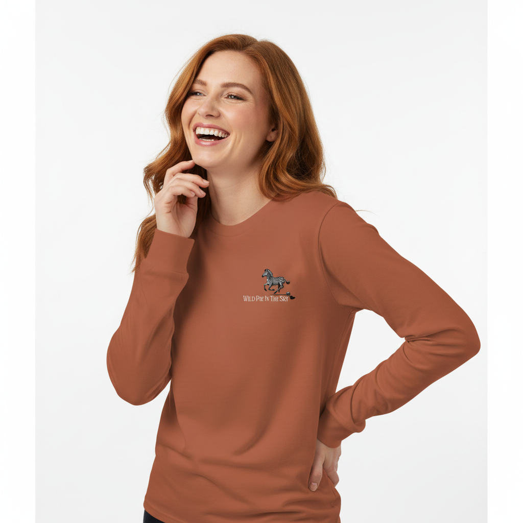 Clay brown cotton long sleeve wildlife t-shirt featuring small zebra chest graphic