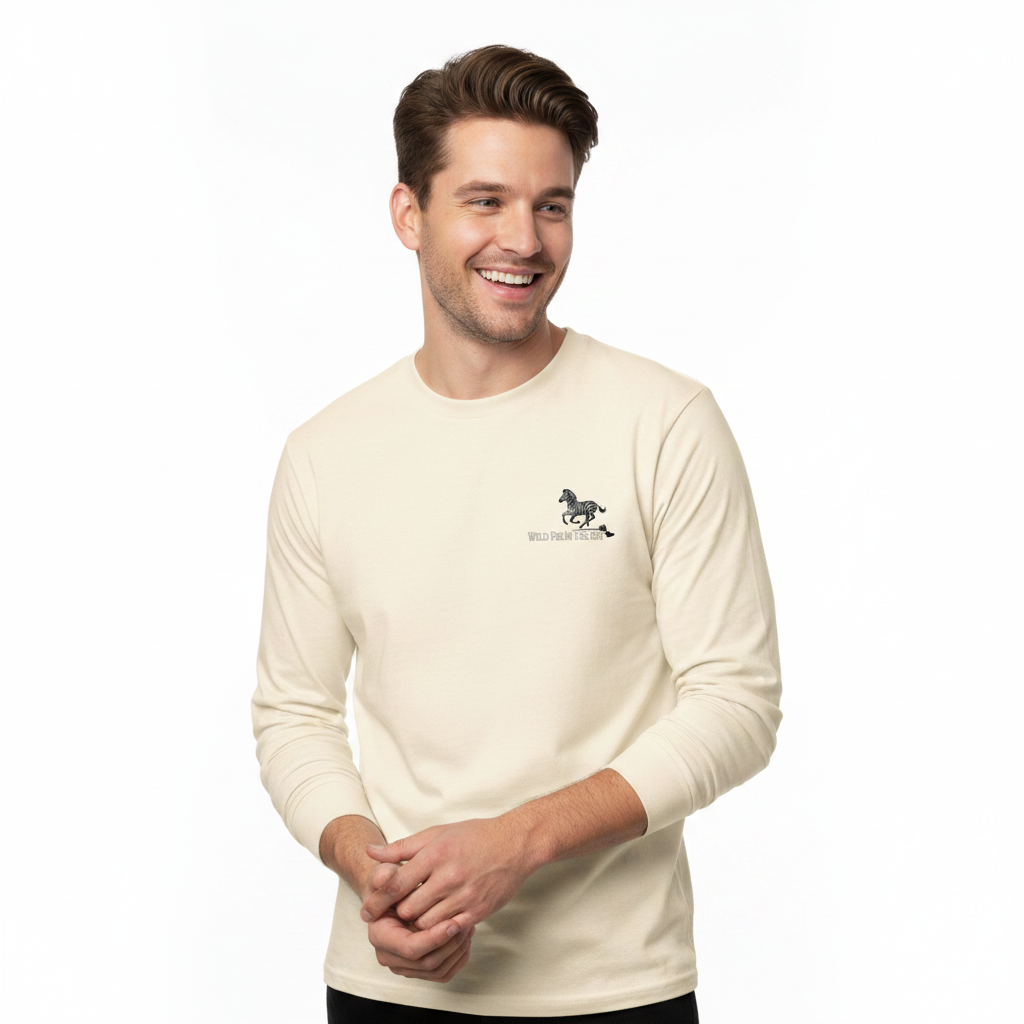 Ecru cotton long sleeve wildlife t-shirt featuring small zebra chest graphic