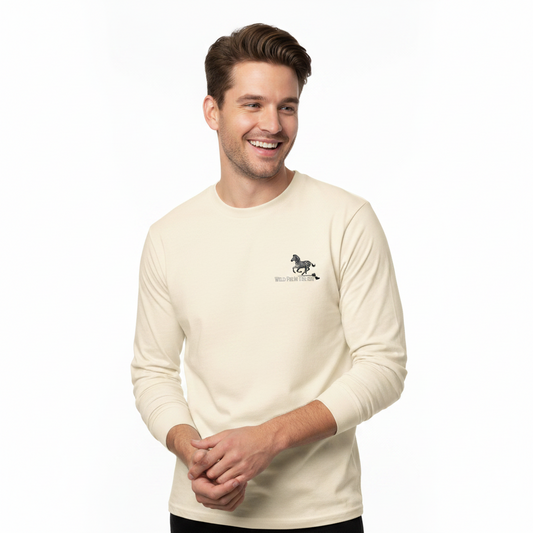 Ecru cotton long sleeve wildlife t-shirt featuring small zebra chest graphic