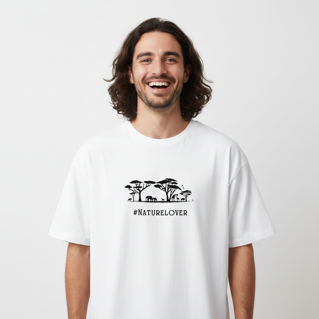 Man wearing Unisex organic cotton nature inspired t-shirt with nature lover design – sustainable clothing 
